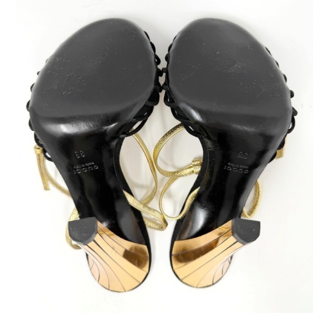 Gucci Black Suede Platform Heels Gold‎ Heel Panther Charm Sandals 38 - Picture 9 of 11